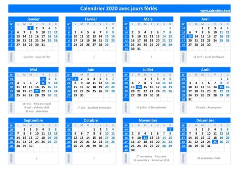 calendrier avec jours fériés